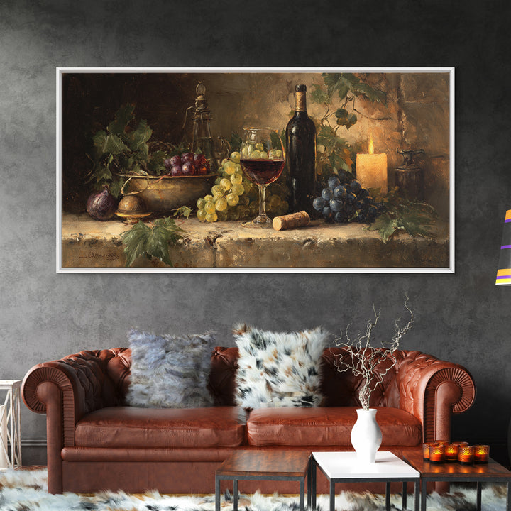 Olive Branch and Wine Glass Mediterranean Still Framed Canvas Print, Winery Art, Statement Artwork, Winery Decor, Vineyard, WIN-2x1-20