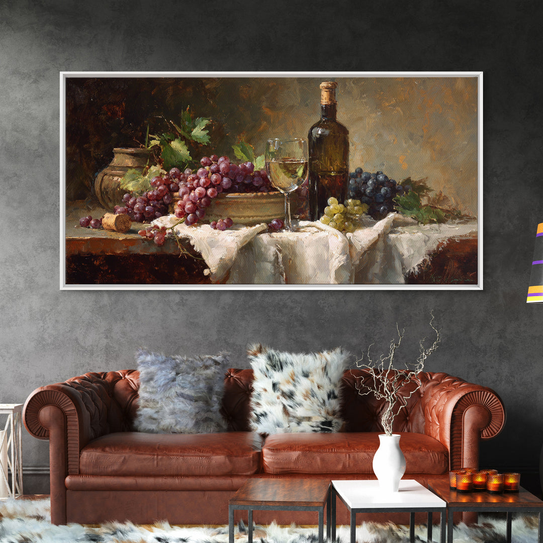 Champagne Grapes and White Linen Still Life Framed Canvas Print, Winery Art, Printable Wall Art, Winery Decor, Vineyard, WIN-2x1-25