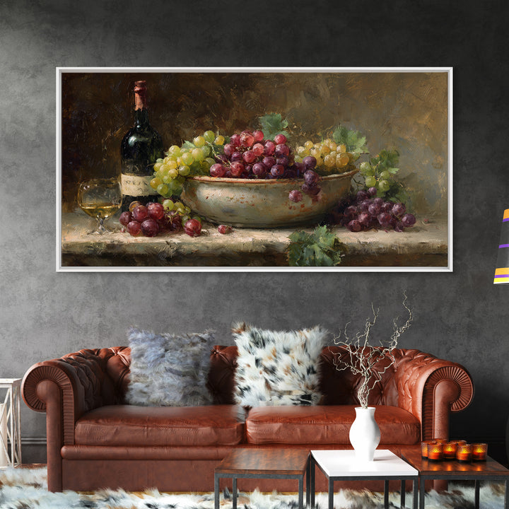 Grapes in a Ceramic Bowl with Shadows Framed Canvas Print, Winery Art, Oil Painting, Winery Decor, Watercolor Art, Vineyard, WIN-2x1-29