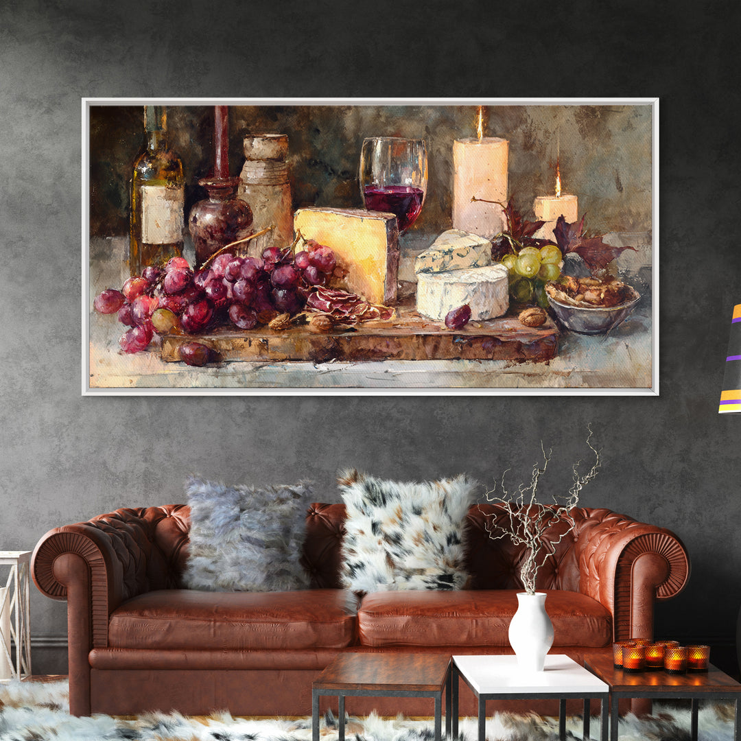Charcuterie Board with Grapes and Cheese Framed Canvas Print, Winery Art, Painting, Winery Decor, Fine Art, Vineyard, WIN-2x1-33