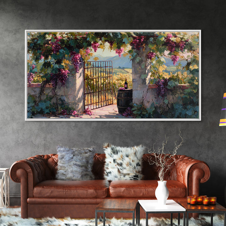 Vineyard Gate with Climbing Roses Framed Canvas Print, Winery Art, Wall Art, Winery Decor, Oil Painting, Vineyard, WIN-2x1-35