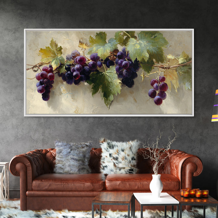 Grapevine Branch with Purple Grapes and Leaves Framed Canvas Print, Winery Art, Kitchen Wall Art, Winery Decor, Oil Painting, WIN-2x1-45