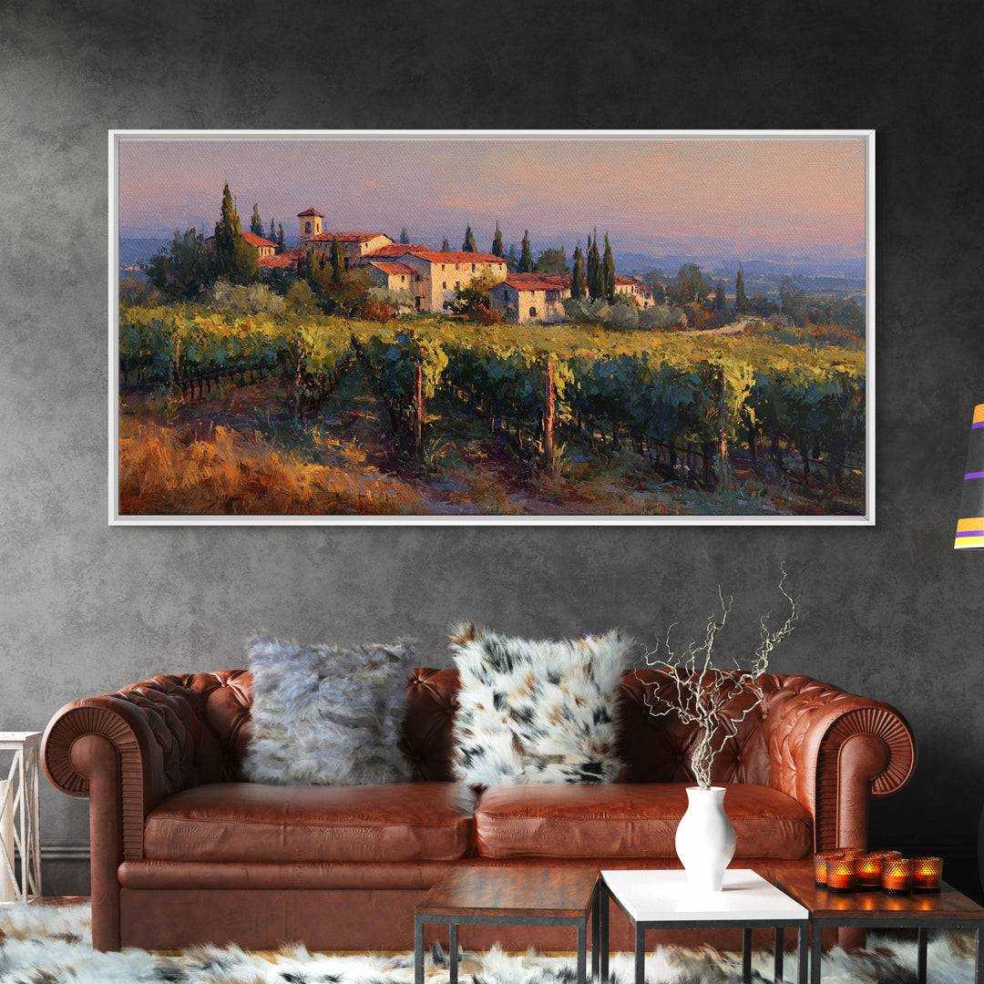 Tuscan Vineyard at Golden Hour Canvas Print, Winery Art, Farmhouse Decor, Winery Decor, Oil Painting, Vineyard, Bar Art, WIN-2x1-47