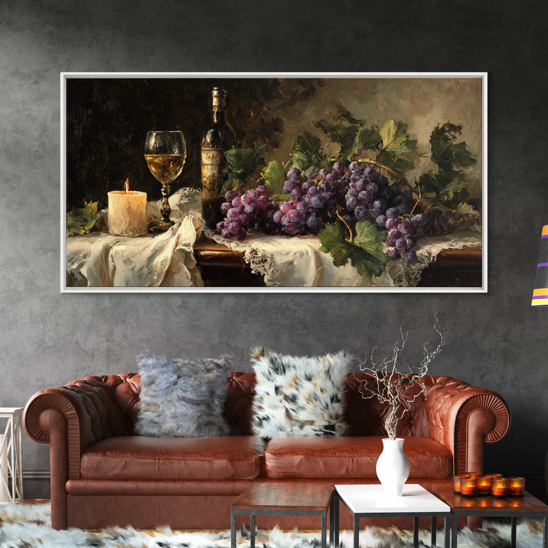 Champagne Grapes and White Linen Still Life Canvas Print, Winery Art, Framed Art, Winery Decor, Abstract Art, Vineyard, WIN-2x1-49