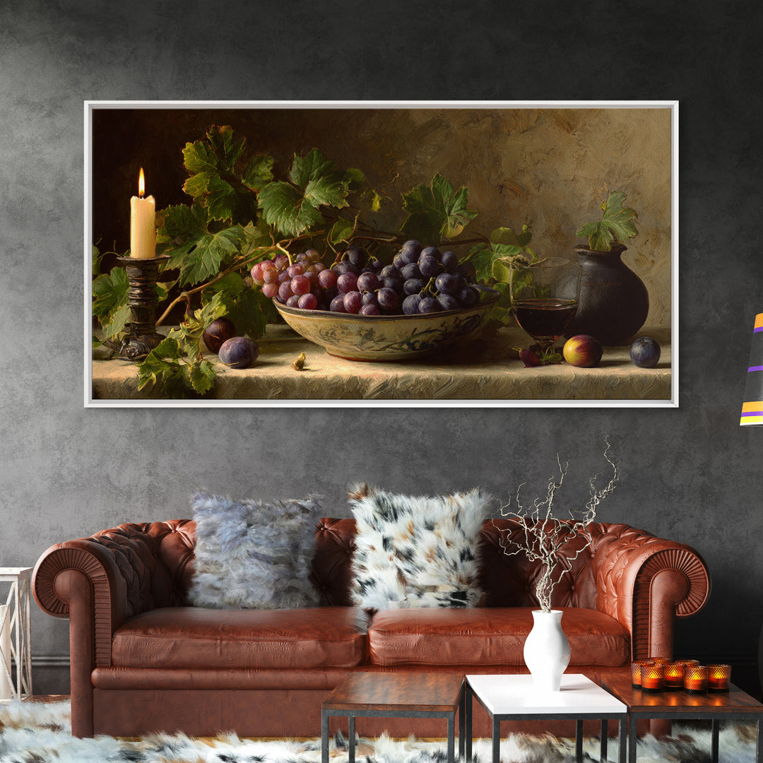 Grapes in a Ceramic Bowl with Shadows Framed Canvas Print, Winery Art, Oil Painting, Winery Decor, Watercolor Art, Vineyard, WIN-2x1-5