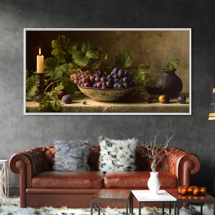 Grapes in a Ceramic Bowl with Shadows Framed Canvas Print, Winery Art, Oil Painting, Winery Decor, Watercolor Art, Vineyard, WIN-2x1-5