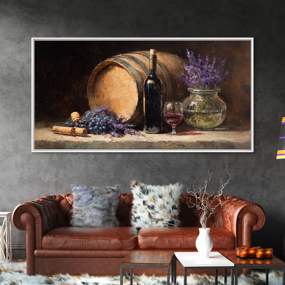 Wine Barrel with Lavender and Sunlight Framed Canvas Print, Winery Art, Wall Decor, Winery Decor, Fine Art, Vineyard, WIN-2x1-50