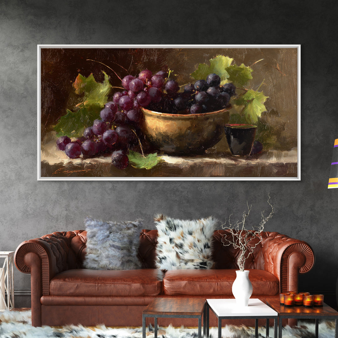 Grapes in a Ceramic Bowl with Shadows Canvas Print, Winery Art, Farmhouse Decor, Winery Decor, Oil Painting, Vineyard, WIN-2x1-53