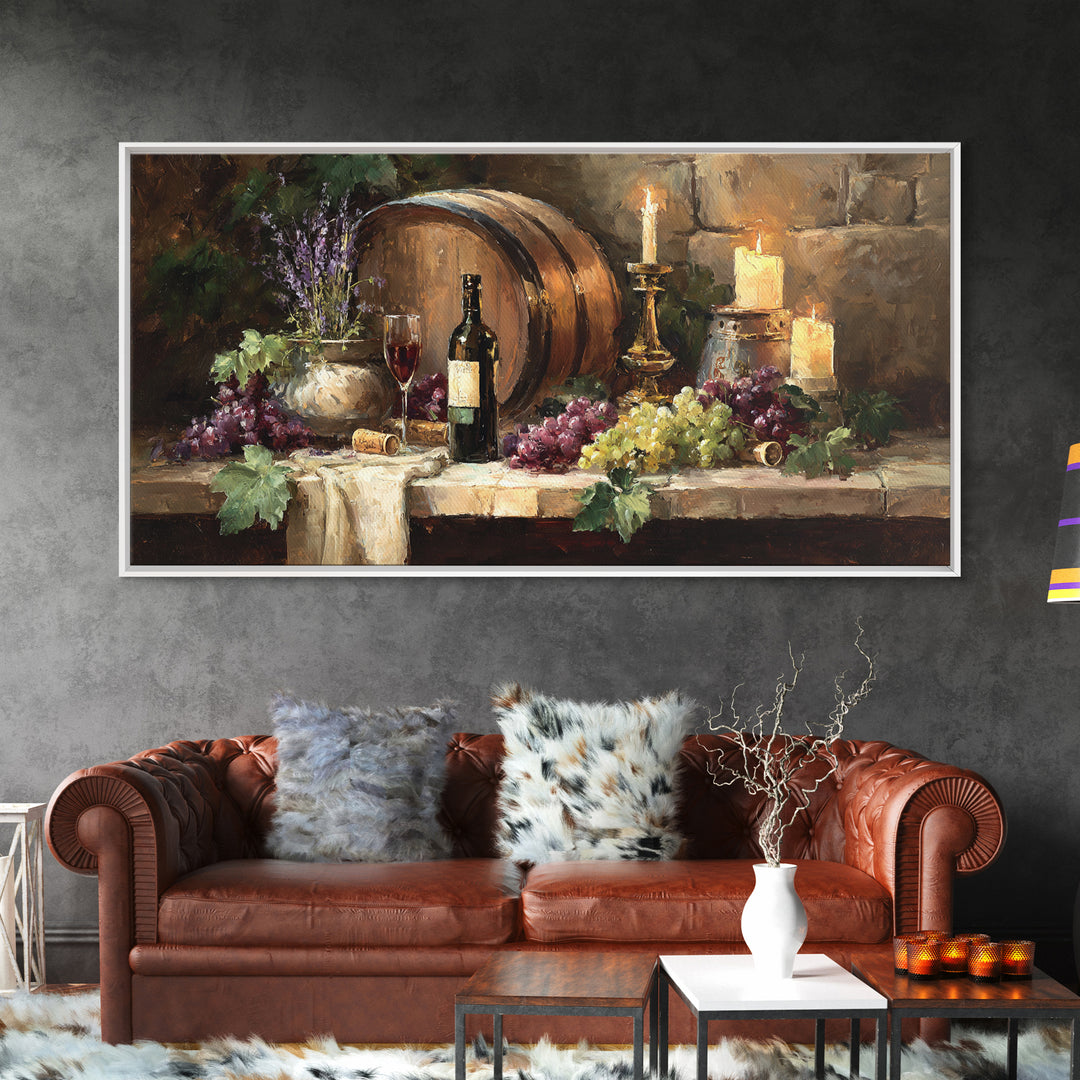 Wine Barrel with Lavender and Sunlight Canvas Print, Winery Art, Oil Painting, Winery Decor, Watercolor Art, Vineyard, WIN-2x1-74