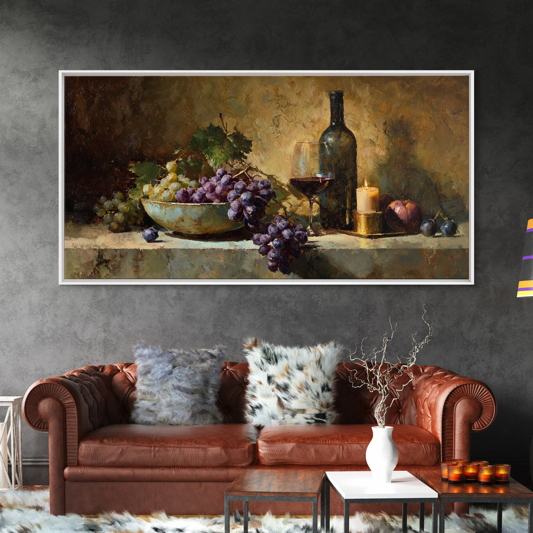 Grapes in a Ceramic Bowl with Shadows Canvas Print, Winery Art, Farmhouse Decor, Winery Decor, Oil Painting, Vineyard, WIN-2x1-77