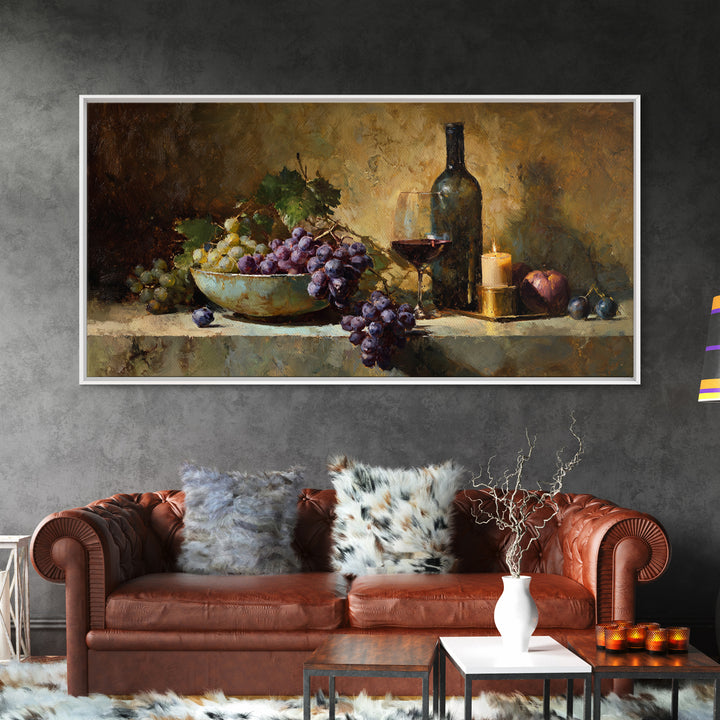Grapes in a Ceramic Bowl with Shadows Canvas Print, Winery Art, Farmhouse Decor, Winery Decor, Oil Painting, Vineyard, WIN-2x1-77