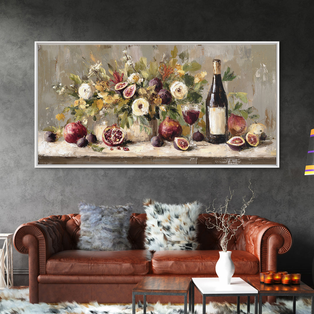 Pomegranate Figs and Red Wine Composition Framed Canvas Print, Winery Art, Living Room Decor, Winery Decor, Fine Art, Vineyard, WIN-2x1-85