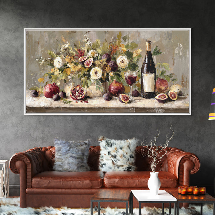 Pomegranate Figs and Red Wine Composition Framed Canvas Print, Winery Art, Living Room Decor, Winery Decor, Fine Art, Vineyard, WIN-2x1-85