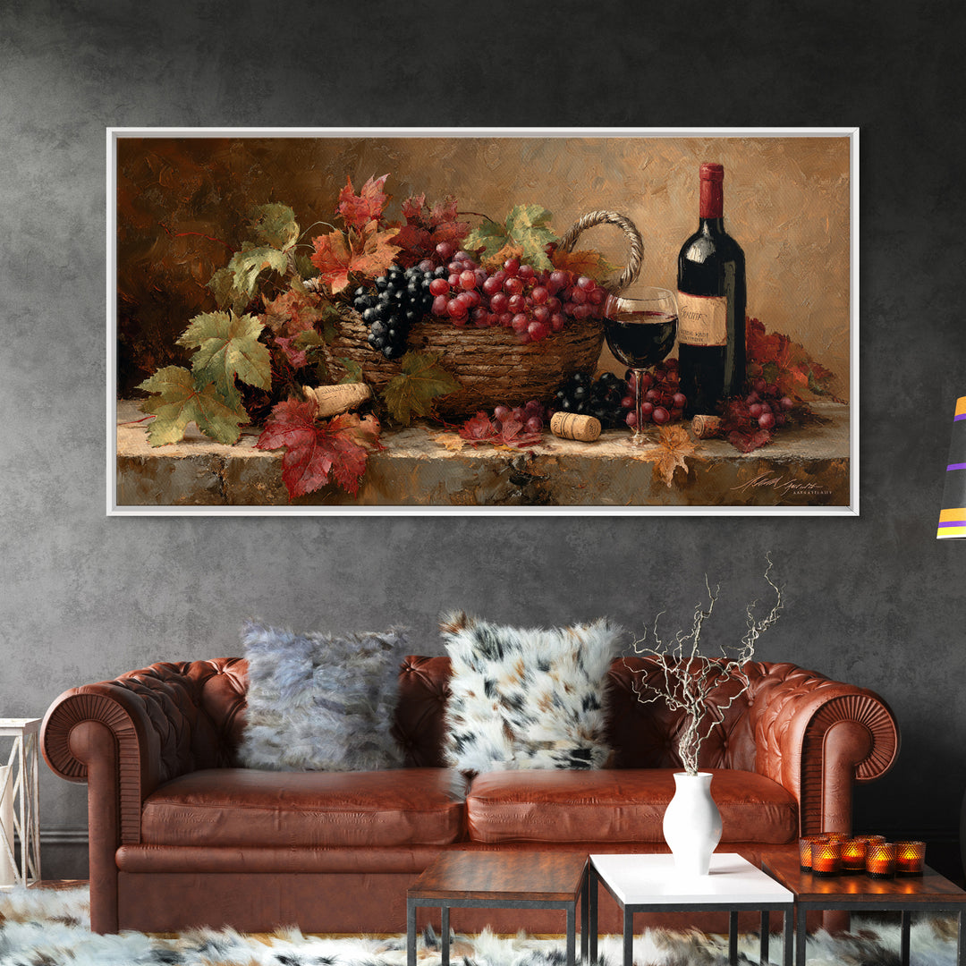 Wine Harvest Basket Framed Canvas Print, Winery Art, Art Print, Winery Decor, Oil Painting, Vineyard, Watercolor Painting, WIN-2x1-90