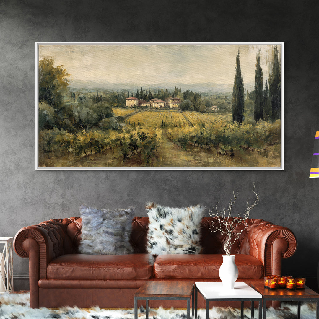 Tuscan Vineyard at Golden Hour Framed Canvas Print, Winery Art, Neutral Decor, Winery Decor, Fine Art, Vineyard, Home Decor, WIN-2x1-95