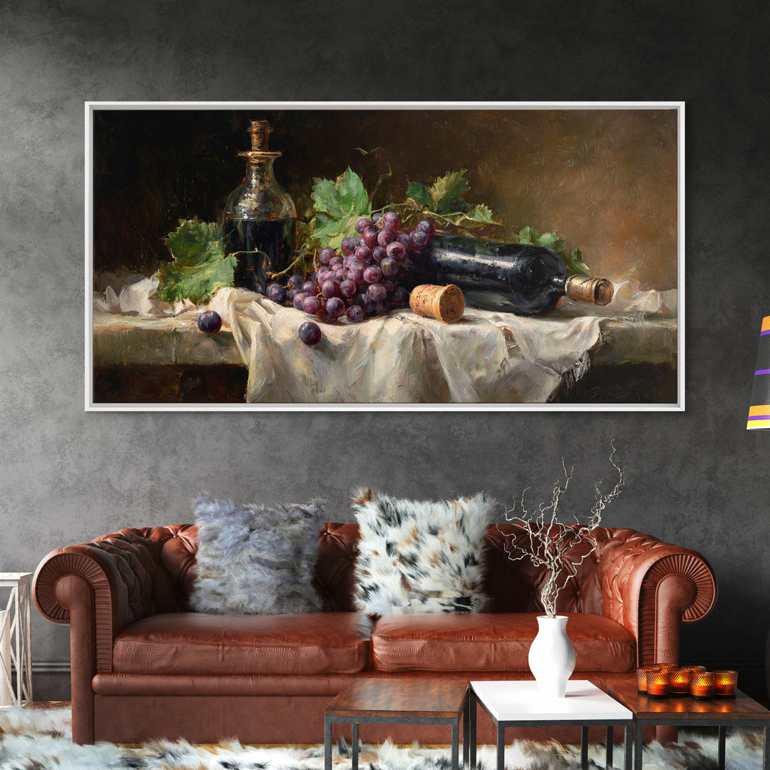 Champagne Grapes and White Linen Still Life Framed Canvas Print, Winery Art, Watercolor Painting, Winery Decor, Abstract Art, WIN-2x1-97