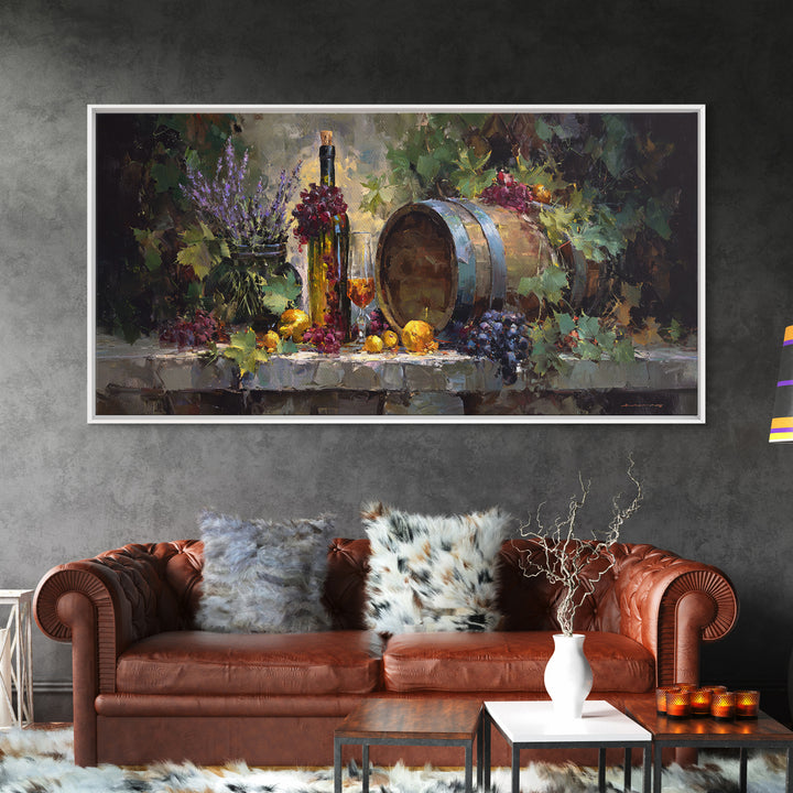 Wine Barrel with Lavender and Sunlight Canvas Print, Winery Art, Oil Painting, Winery Decor, Watercolor Art, Vineyard, WIN-2x1-98