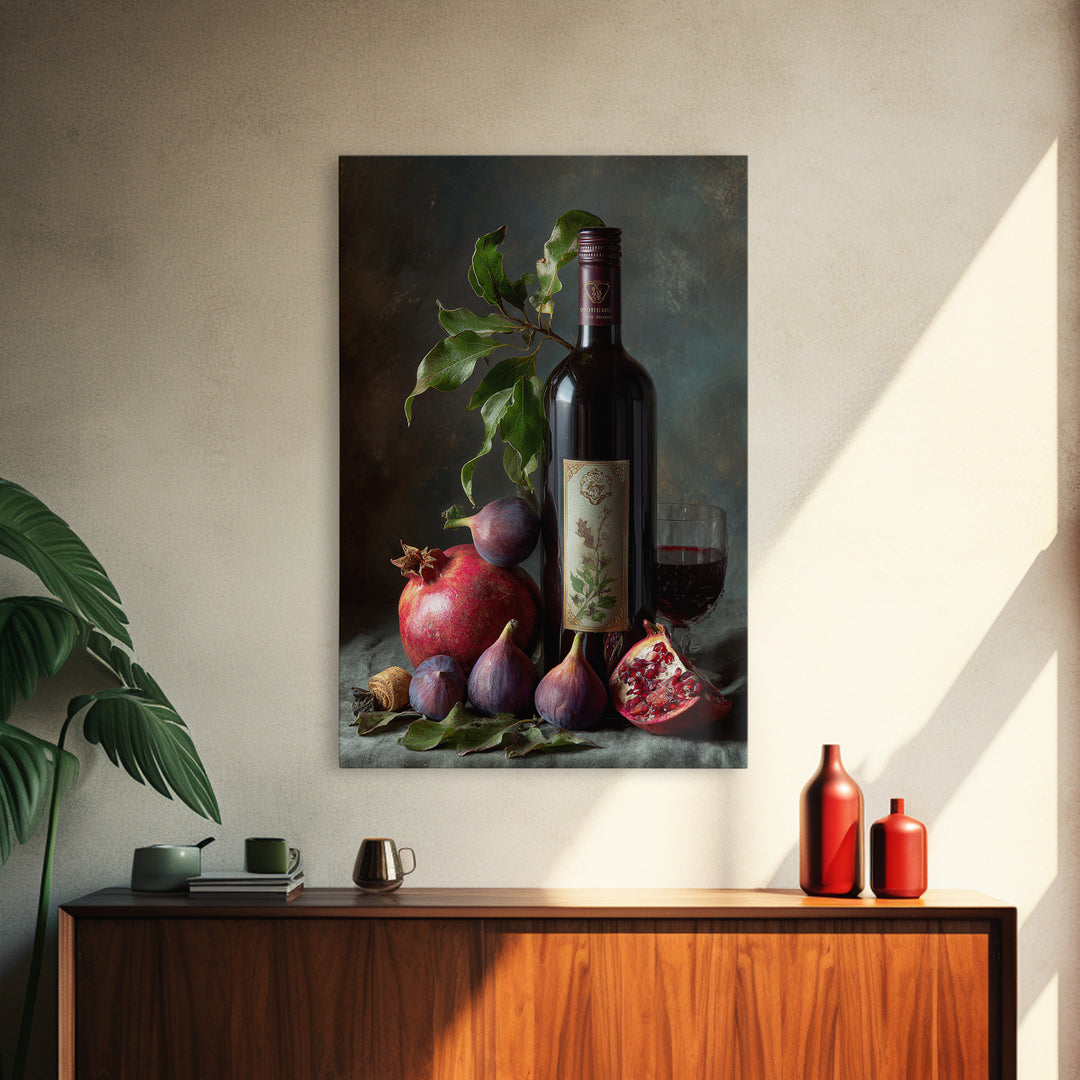 Pomegranate Figs and Red Wine Composition Framed Canvas Print, Winery Art, Printable Wall Art, Winery Decor, Fine Art, Vineyard, WIN-2x3-1
