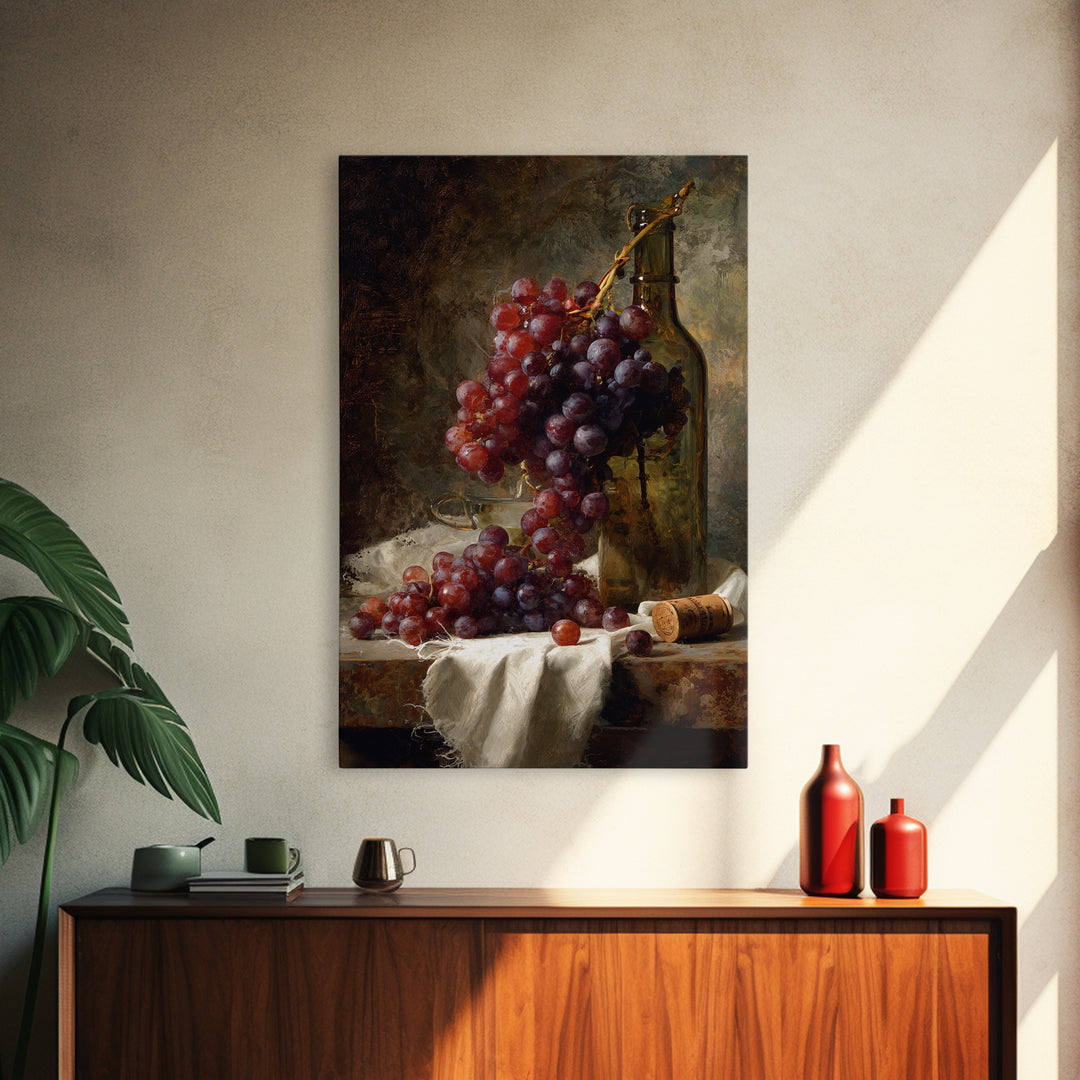 Champagne Grapes and White Linen Still Life Framed Canvas Print, Winery Art, Artwork, Winery Decor, Abstract Art, Vineyard, WIN-2x3-13