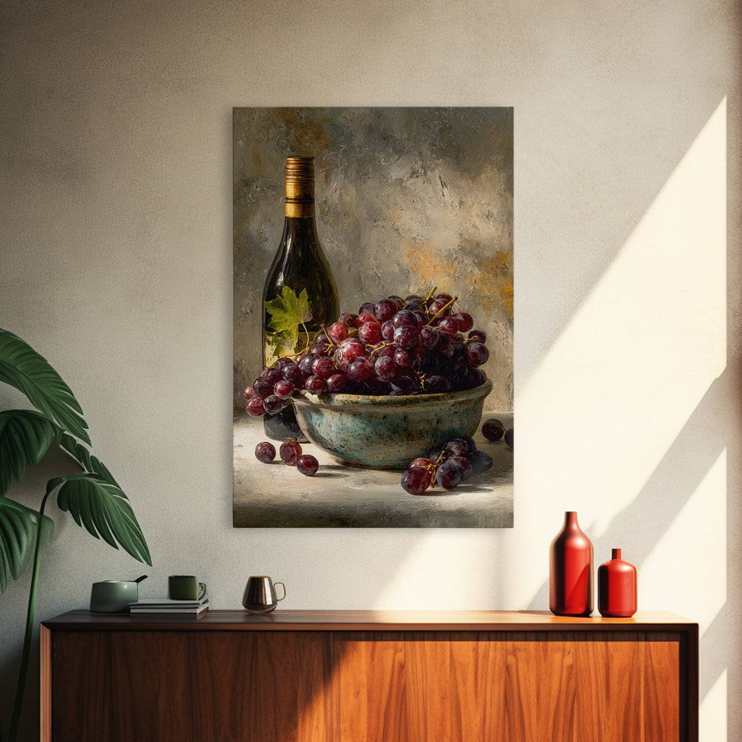 Grapes in a Ceramic Bowl with Shadows Framed Canvas Print, Winery Art, Kitchen Decor, Winery Decor, Abstract Art, Vineyard, WIN-2x3-17