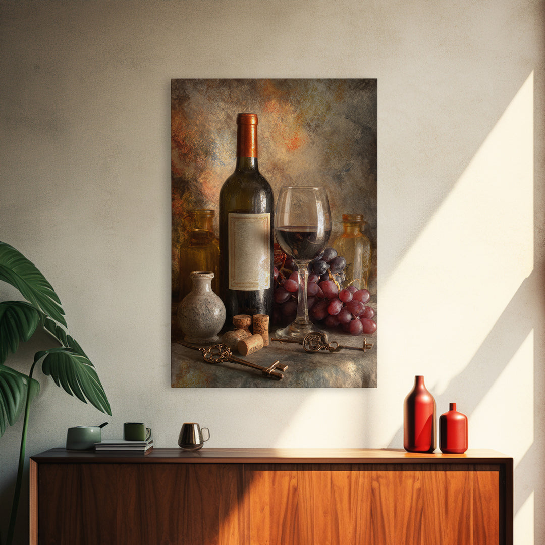 Old Cellar Key and Wine Label Shapes Framed Canvas Print, Winery Art, Farmhouse Decor, Winery Decor, Abstract Art, Vineyard, WIN-2x3-20