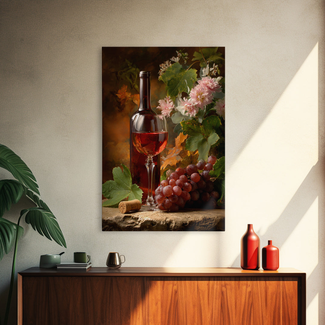Ros Glass Beside Summer Flowers Framed Canvas Print, Winery Art, Art, Winery Decor, Fine Art, Vineyard, Farmhouse Decor, WIN-2x3-22