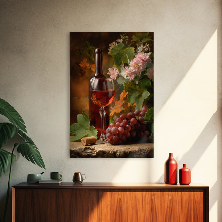 Ros Glass Beside Summer Flowers Framed Canvas Print, Winery Art, Art, Winery Decor, Fine Art, Vineyard, Farmhouse Decor, WIN-2x3-22