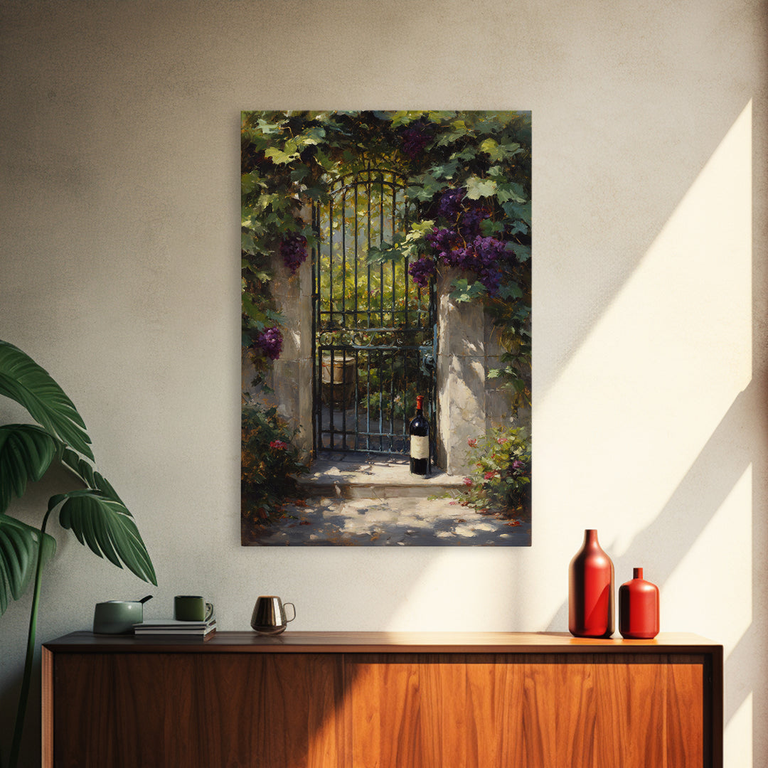 Vineyard Gate with Climbing Roses Canvas Print, Winery Art, Print, Winery Decor, Vineyard, Wall Art Print, Watercolor Painting, WIN-2x3-23