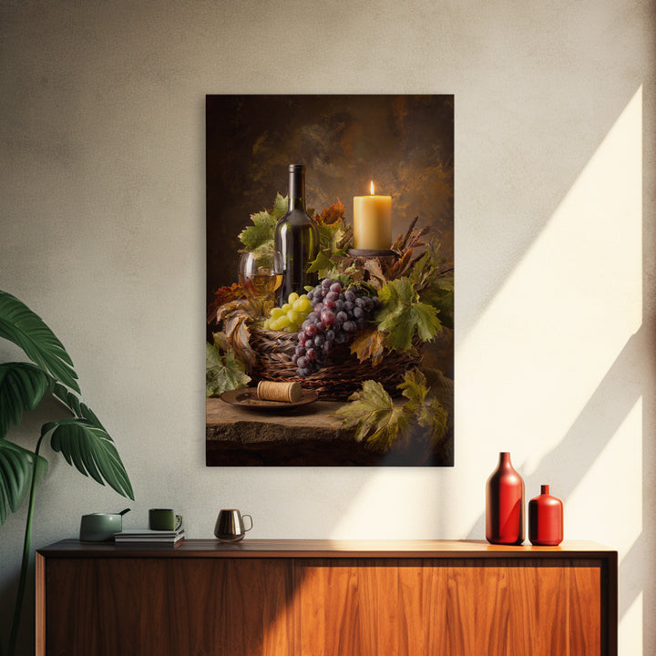 Wine Harvest Basket Framed Canvas Print, Winery Art, Minimalist Decor, Winery Decor, Fine Art, Vineyard, Artwork, Kitchen Decor, WIN-2x3-30