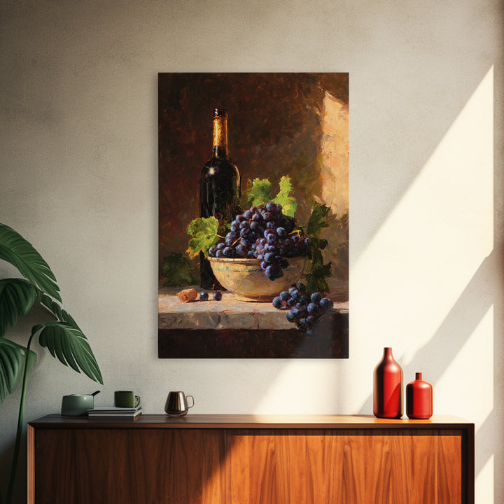 Grapes in a Ceramic Bowl with Shadows Framed Canvas Print, Winery Art, Kitchen Decor, Winery Decor, Abstract Art, Vineyard, WIN-2x3-41