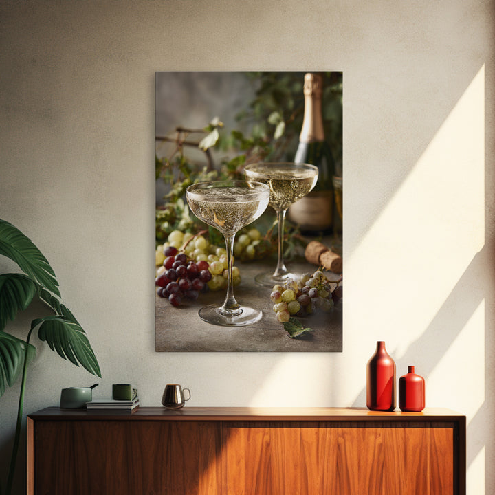 Champagne Coupe with Bubbles and Light Framed Canvas Print, Winery Art, Art Print, Winery Decor, Oil Painting, Vineyard, WIN-2x3-51