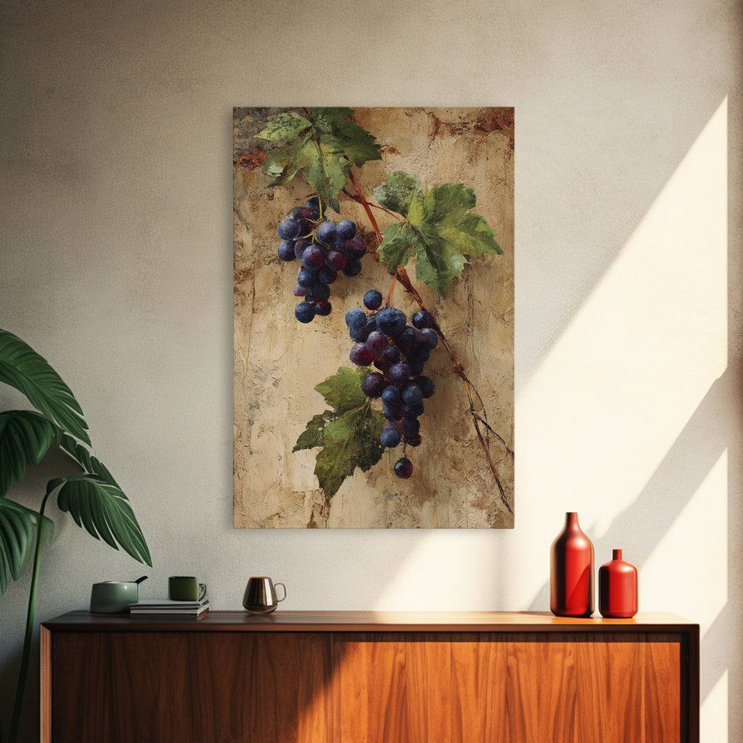 Grapevine Branch with Purple Grapes and Leaves Canvas Print, Winery Art, Kitchen Wall Decor, Winery Decor, Fine Art, Vineyard, WIN-2x3-57
