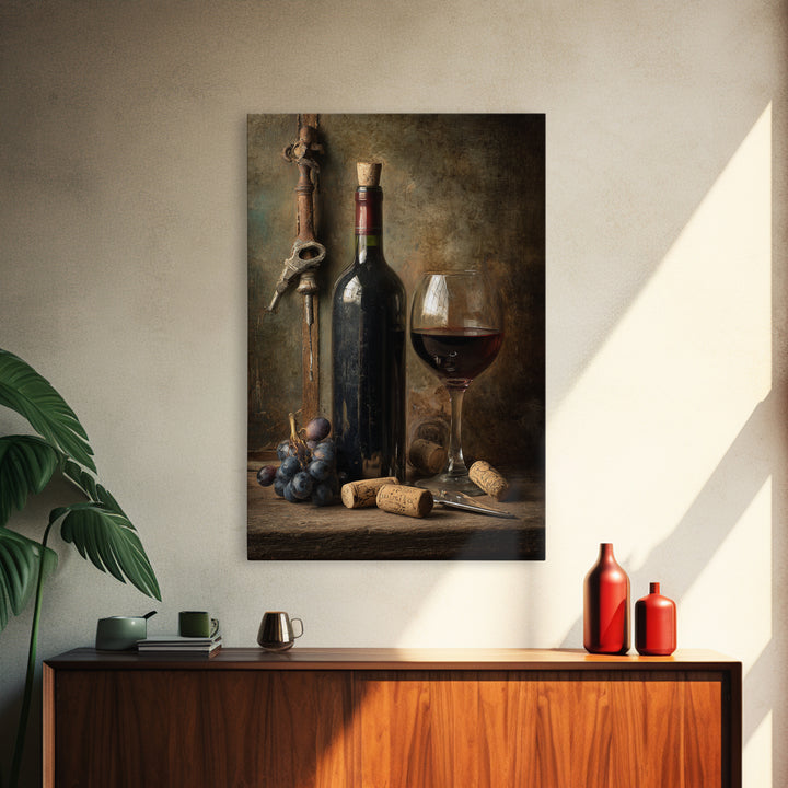 Corkscrew and Corks on Rustic Wood Framed Canvas Print, Winery Art, Wall Hanging, Winery Decor, Vineyard, Preppy Wall Art, WIN-2x3-60