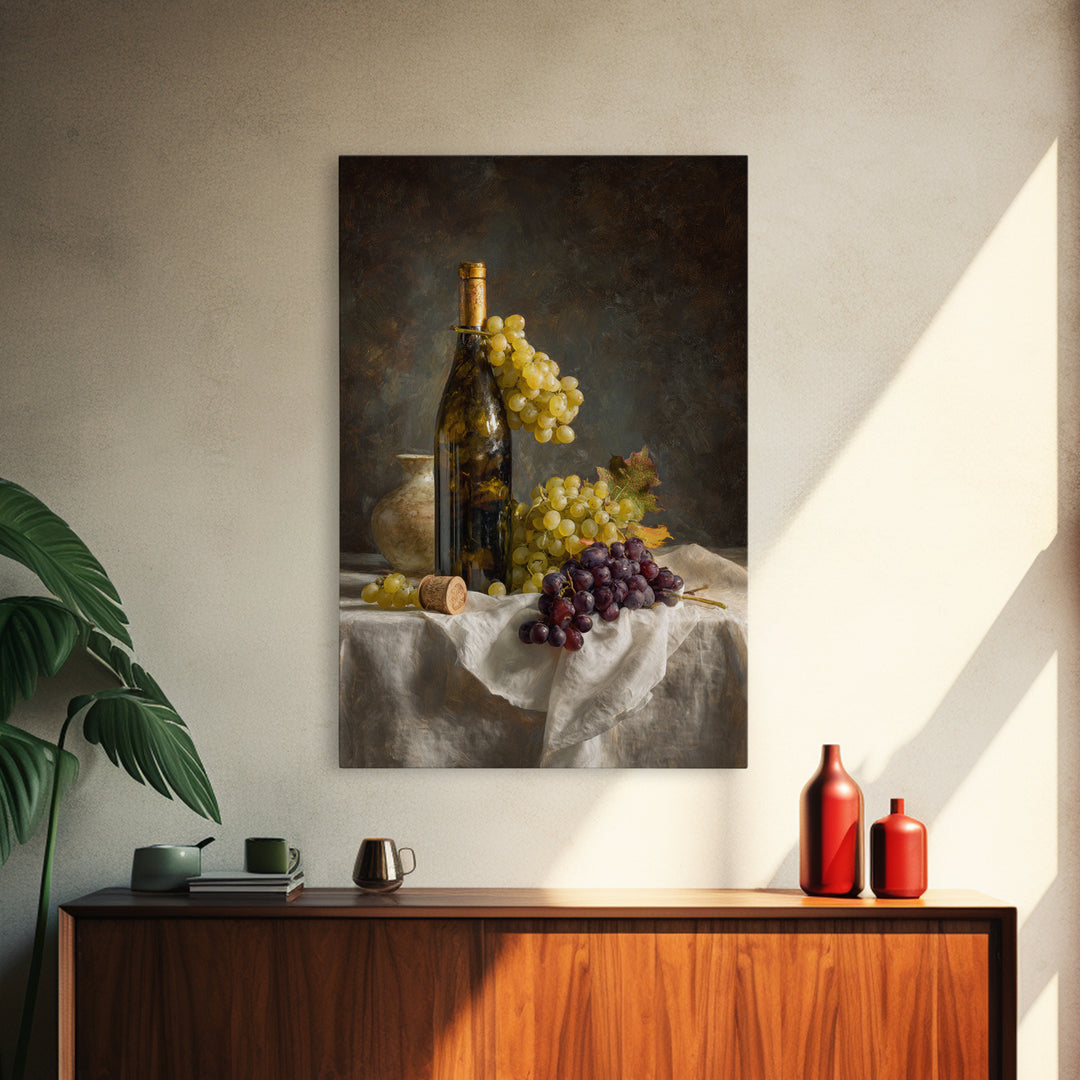 Champagne Grapes and White Linen Still Life Canvas Print, Winery Art, Living Room Decor, Winery Decor, Fine Art, Vineyard, WIN-2x3-61
