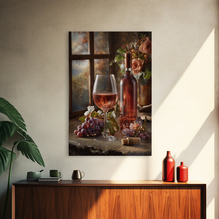 Ros Glass Beside Summer Flowers Canvas Print, Winery Art, Winery Decor, Oil Painting, Vineyard, Retro Wall Art, WIN-2x3-70