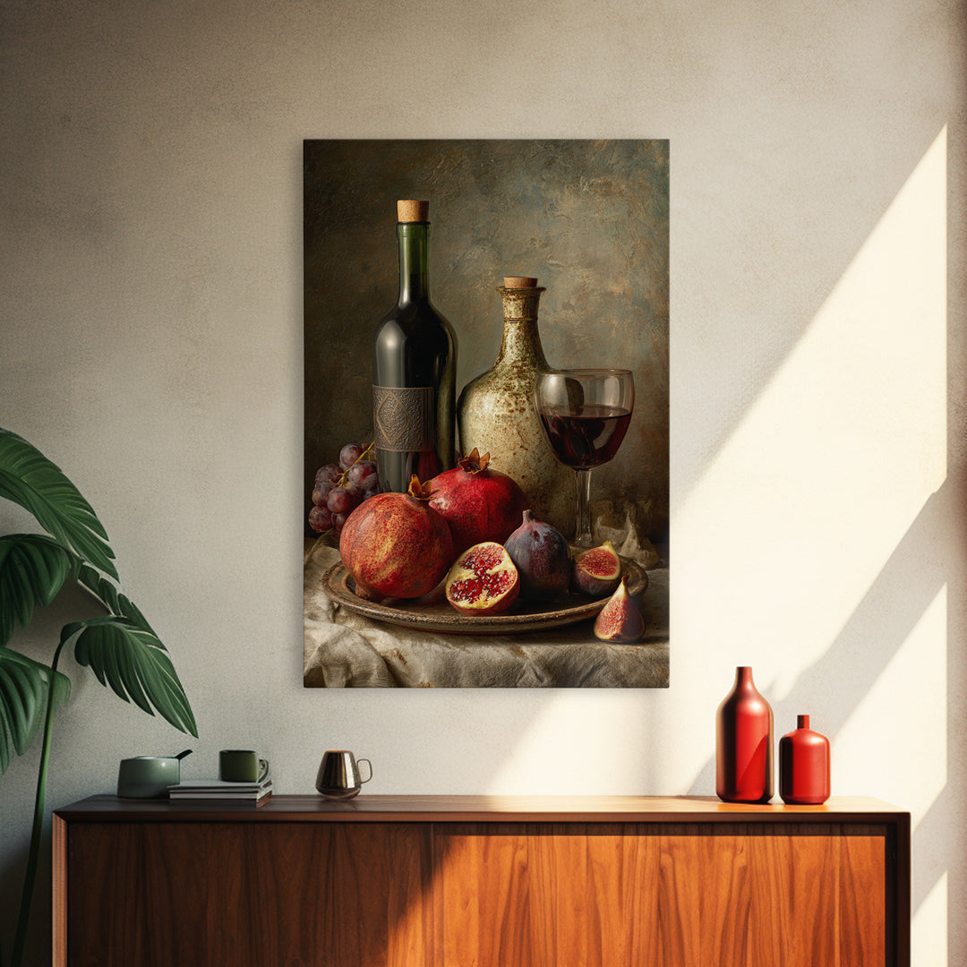 Pomegranate Figs and Red Wine Composition Framed Canvas Print, Winery Art, Watercolor Painting, Winery Decor, Vineyard, WIN-2x3-73