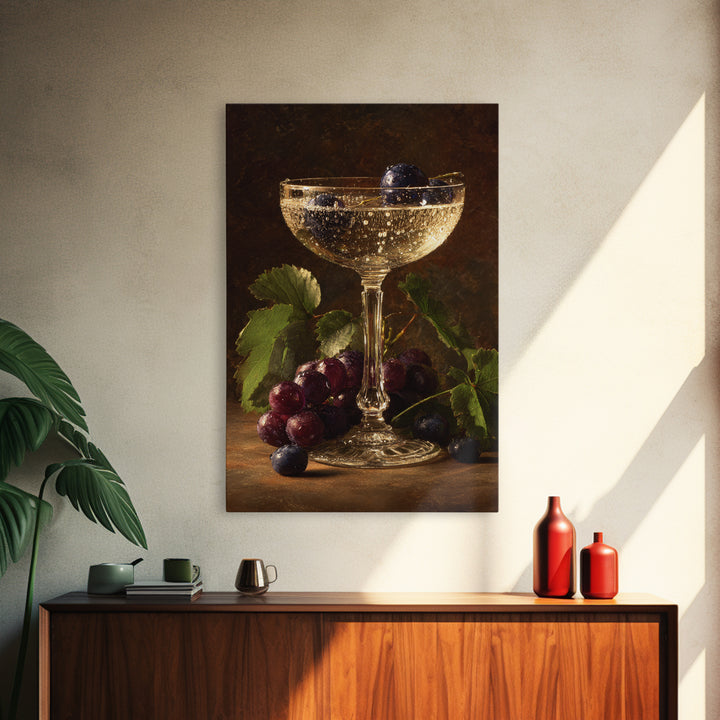 Champagne Coupe with Bubbles and Light Framed Canvas Print, Winery Art, Wall Art Print, Winery Decor, Fine Art, Vineyard, WIN-2x3-75