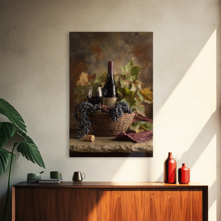 Wine Harvest Basket Framed Canvas Print, Winery Art, Wall Hanging, Winery Decor, Fine Art, Vineyard, Preppy Wall Art, WIN-2x3-78