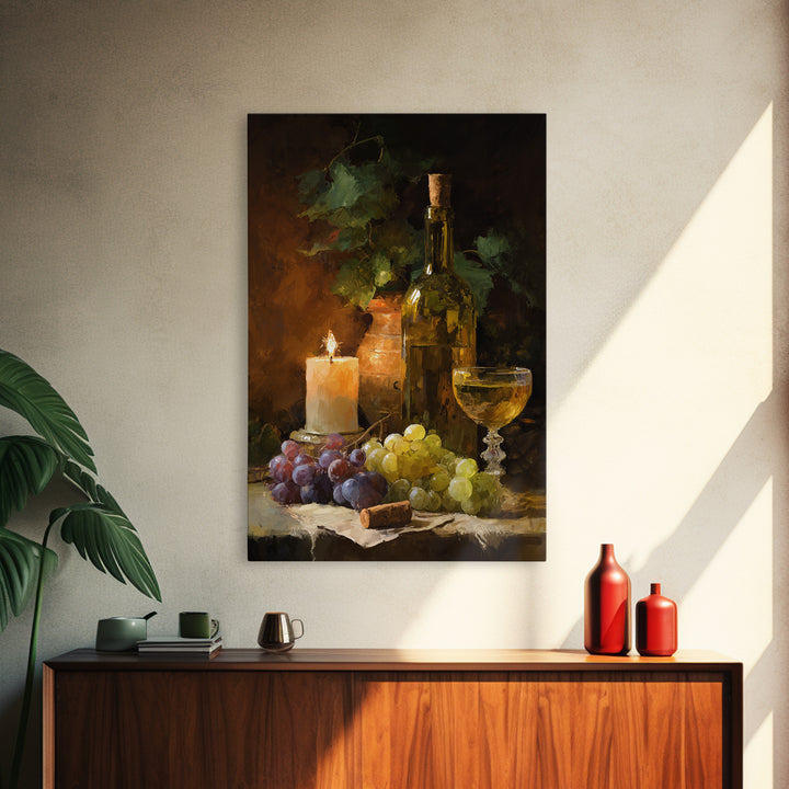 Olive Branch and Wine Glass Mediterranean Still Framed Canvas Print, Winery Art, Travel Poster, Winery Decor, Watercolor Art, WIN-2x3-8