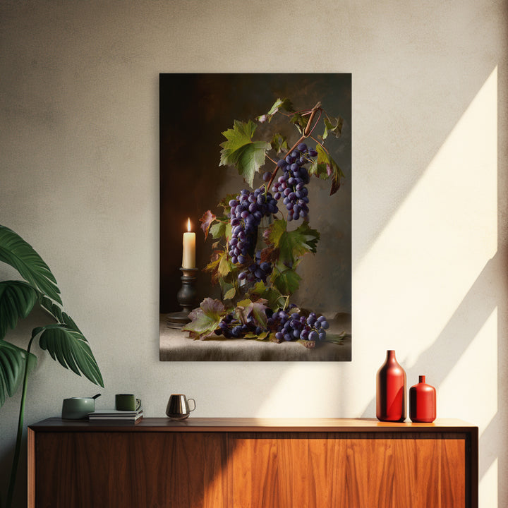 Grapevine Branch with Purple Grapes and Leaves Canvas Print, Winery Art, Kitchen Wall Decor, Winery Decor, Fine Art, Vineyard, WIN-2x3-81