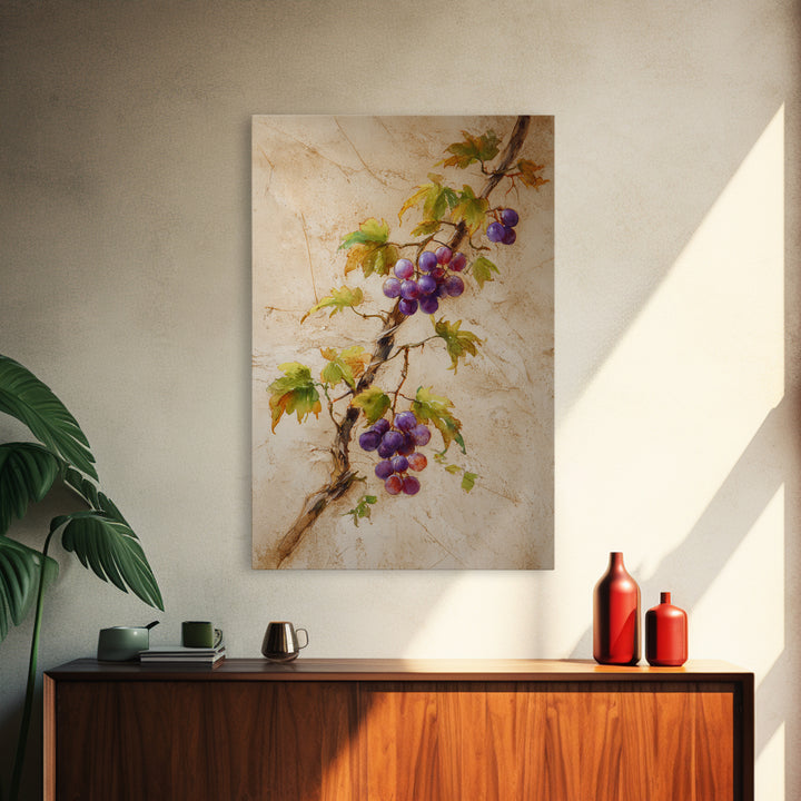 Grapevine Branch with Purple Grapes and Leaves Canvas Print, Winery Art, Wall Hanging, Winery Decor, Watercolor Art, Vineyard, WIN-2x3-9
