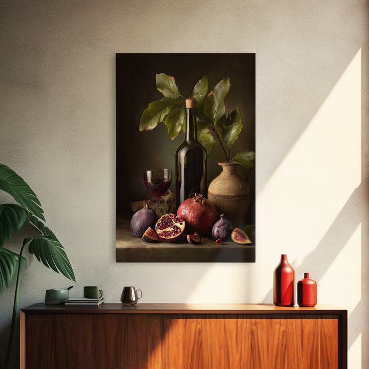 Pomegranate Figs and Red Wine Composition Framed Canvas Print, Winery Art, Watercolor Painting, Winery Decor, Vineyard, WIN-2x3-97