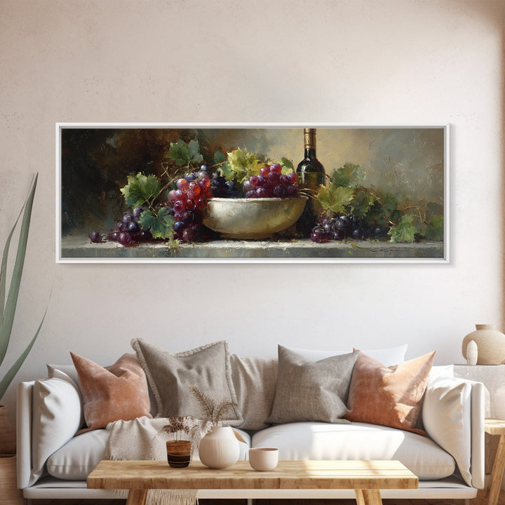 Grapes in a Ceramic Bowl with Shadows Framed Canvas Print, Winery Art, Retro Wall Art, Winery Decor, Fine Art, Vineyard, WIN-3x1-1