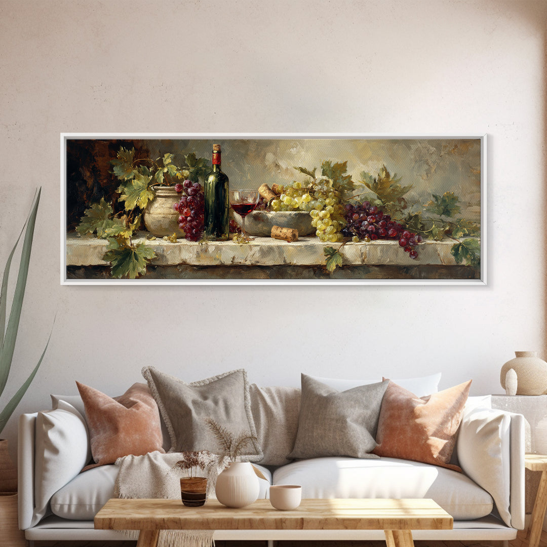 Olive Branch and Wine Glass Mediterranean Still Canvas Print, Winery Art, Retro Wall Art, Winery Decor, Fine Art, Vineyard, WIN-3x1-16