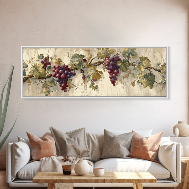 Grapevine Branch with Purple Grapes and Leaves Framed Canvas Print, Winery Art, Gallery Wall Art, Winery Decor, Watercolor Art, WIN-3x1-17