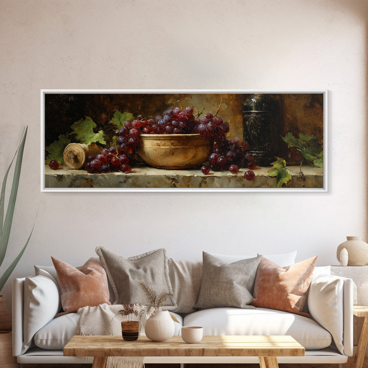 Grapes in a Ceramic Bowl with Shadows Canvas Print, Winery Art, Landscape Art, Winery Decor, Abstract Art, Vineyard, Room Decor, WIN-3x1-25