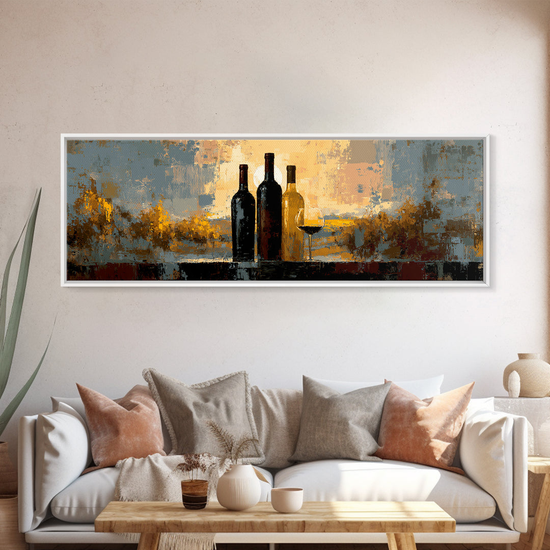 Black and Gold Wine Bottle Silhouette Framed Canvas Print, Winery Art, Cocktail Wall Art, Winery Decor, Watercolor Art, WIN-3x1-32