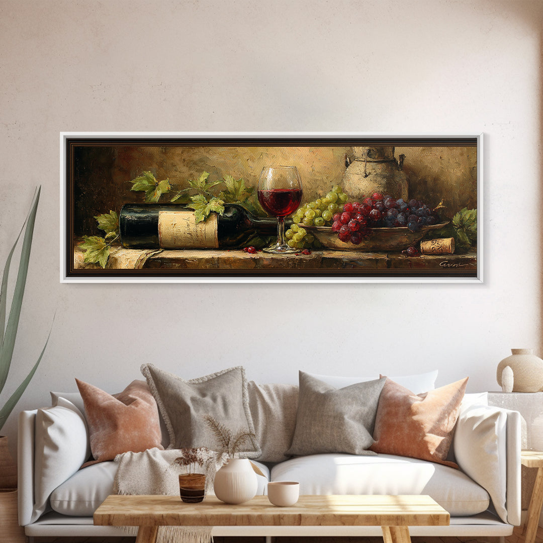 Olive Branch and Wine Glass Mediterranean Still Canvas Print, Winery Art, Neutral Decor, Winery Decor, Oil Painting, Vineyard, WIN-3x1-40