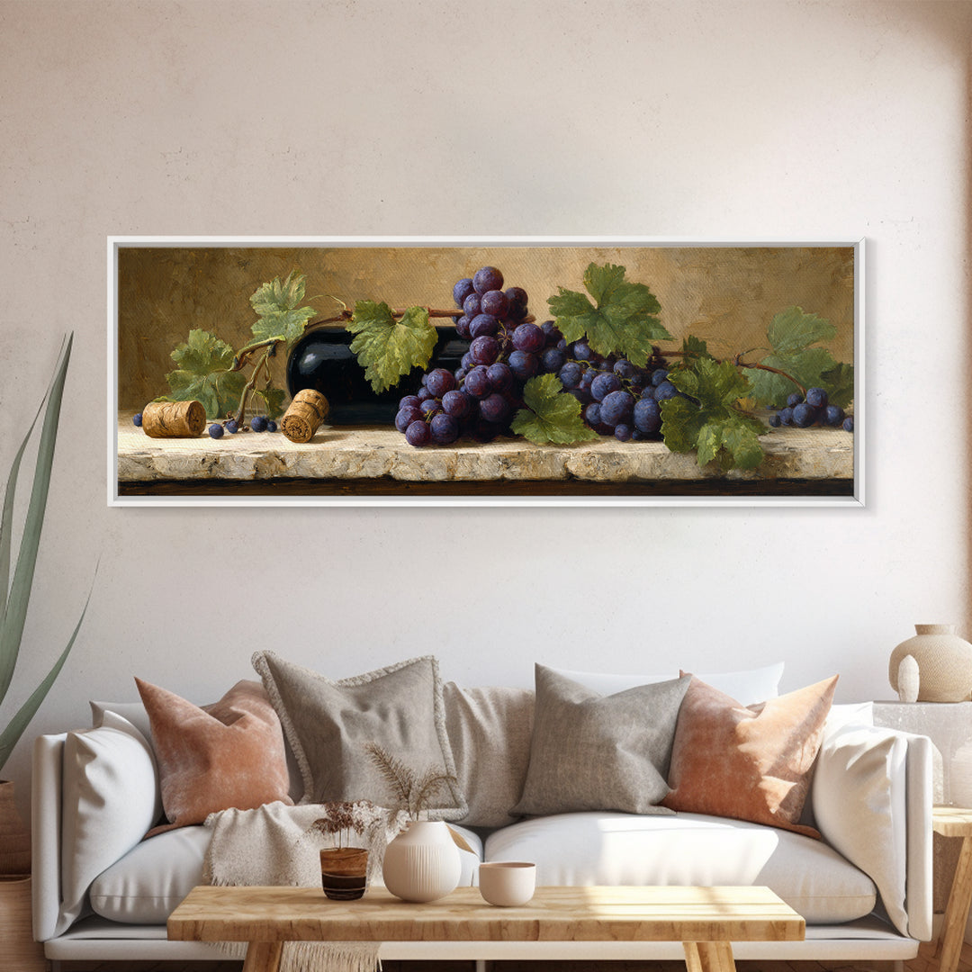 Grapevine Branch with Purple Grapes and Leaves Canvas Print, Winery Art, Cocktail Wall Art, Winery Decor, Fine Art, Vineyard, WIN-3x1-41