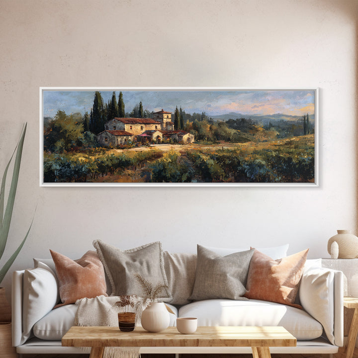 Tuscan Vineyard at Golden Hour Canvas Print, Winery Art, Print, Winery Decor, Vineyard, Wall Art Print, Watercolor Painting, WIN-3x1-43